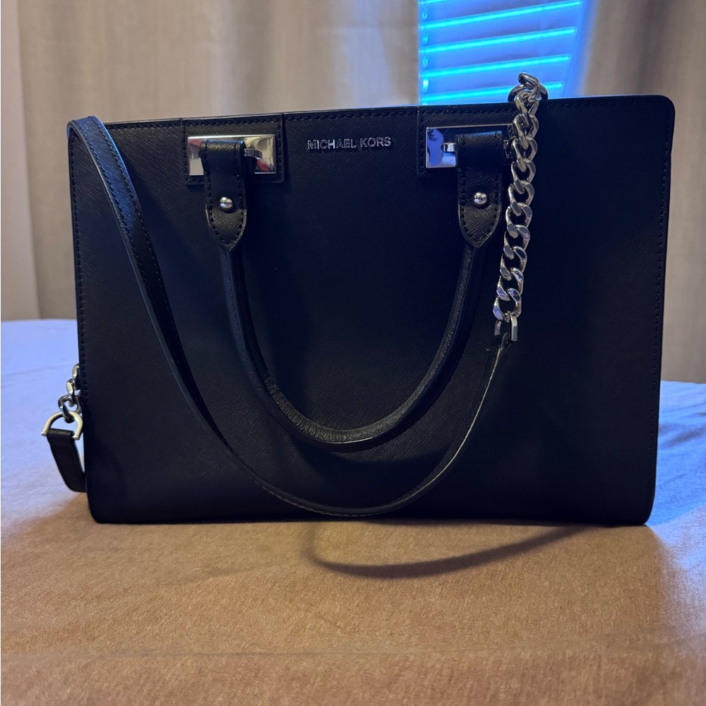 Michael Kors Black Satchel with Chain Strap and Silver Hardware